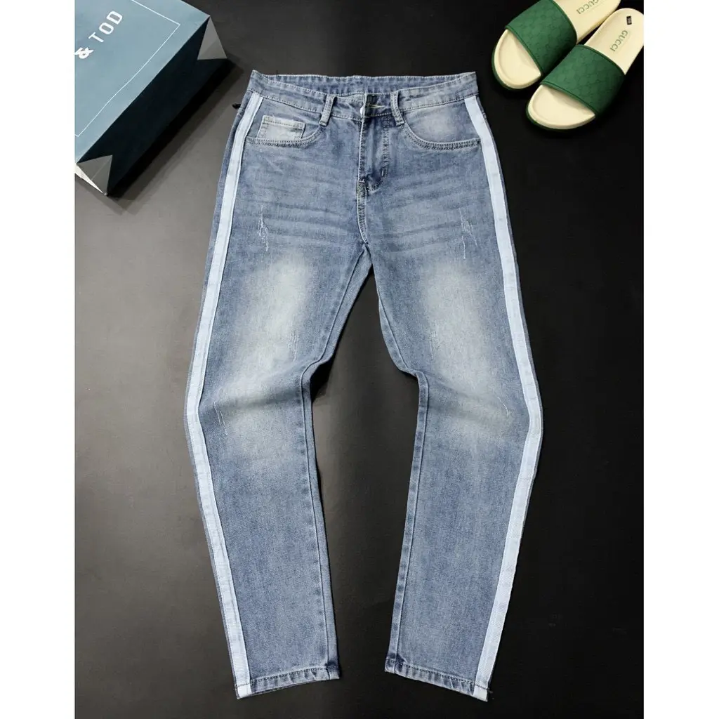 Quần jean nam sọc thân trơn xanh jean mã 201