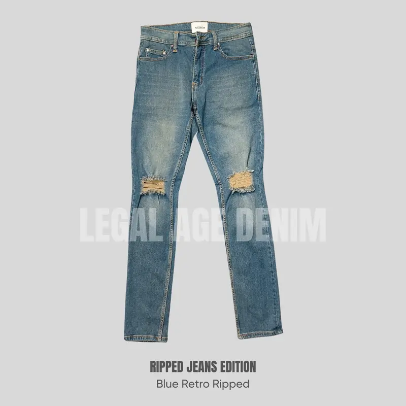 LA RJ-025 Ripped Jeans Blue Retro Whisker Slimfit Skinny Soft Jeans Stretch - Celana Panjang Pria Biru Classic Retro sesuai gambar biru retro 0