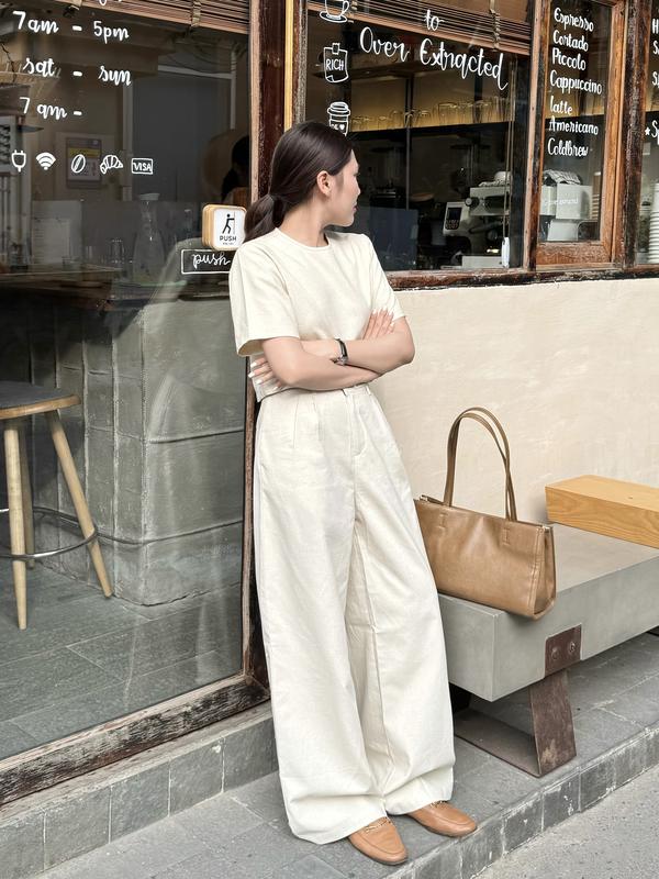  Quần linen ống rộng hack dáng Nữ Pants 