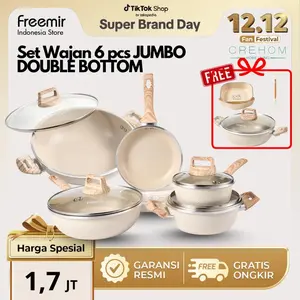 [Crehom] JUMBO freemir Set 6 Pcs DOUBLE BOTTOM Wajan Perlengkapan Masak Anti Lengket Lengkap Wajan Panci Penggorengan Beige Tutup Kaca