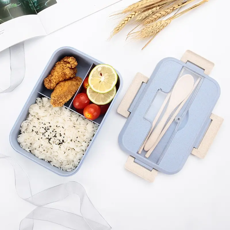 LUNCH BOX SET KOTAK BEKAL MAKAN JERAMI GANDUM KOTAK MAKAN ​1000ML 4-IN-1 FREE SENDOK TEMPAT MAKAN Buah Peralatan Silikon Biru 4