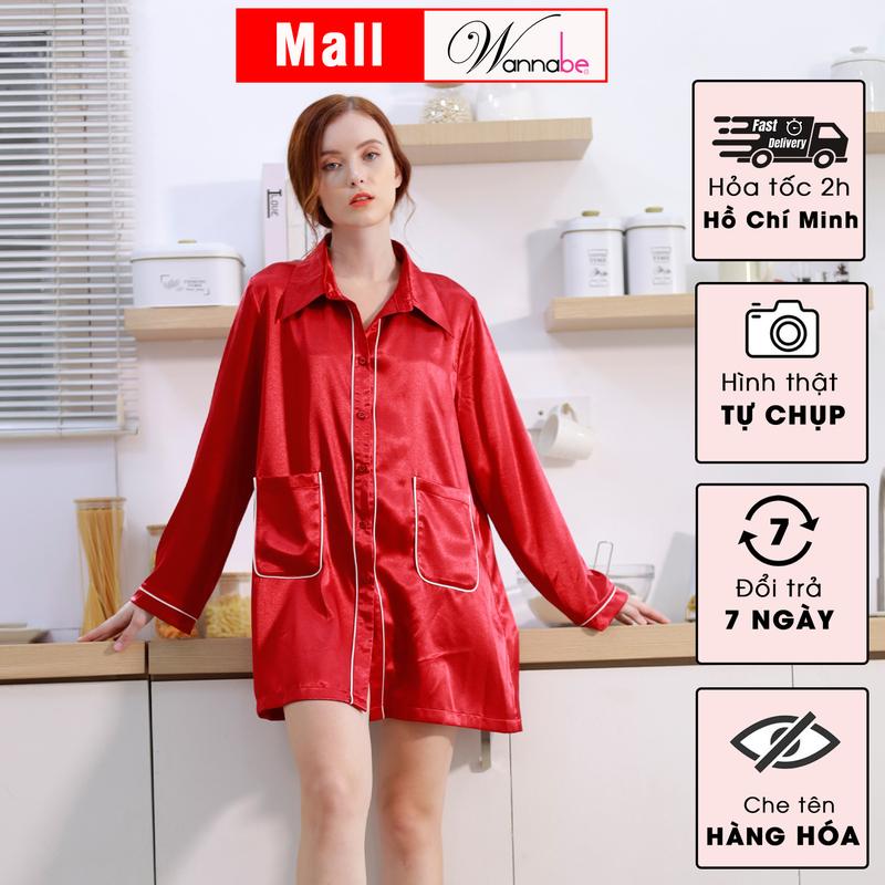 Đầm ngủ sơ mi lụa cao cấp WANNABE váy ngủ kiểu dáng pijama rộng rãi thoải mái tay dài viền gân nổi có túi tiện lợi Nữ Women Dress Đỏ Tay Loe DNS44 Tay Loe 2