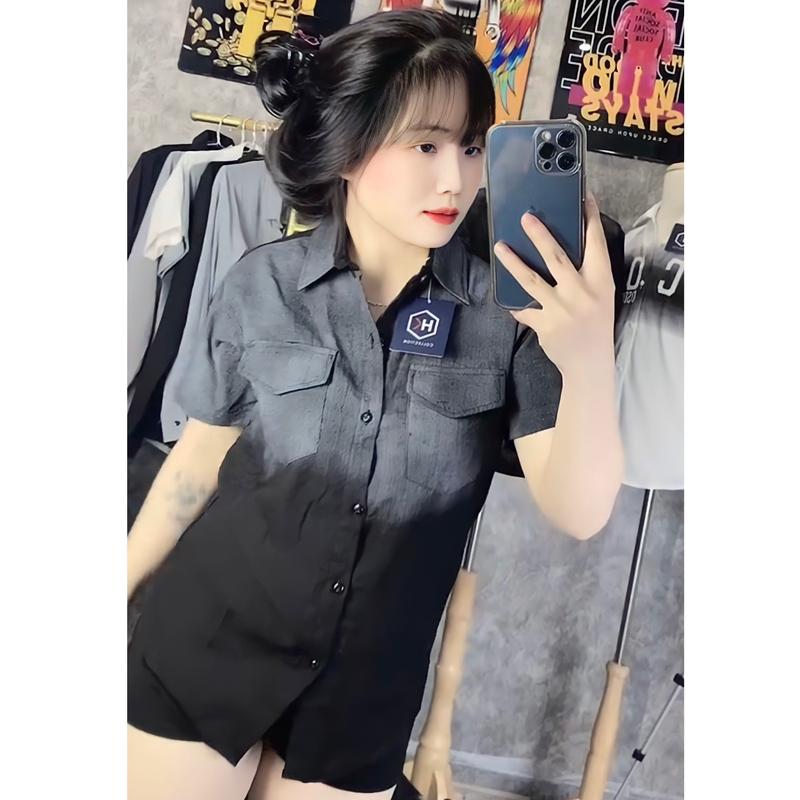 Áo somi đũi nam nữ loang trắng đen Cổ chữ V Menswear Sơ Mi