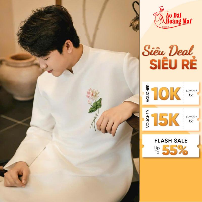 Áo dài cách tân Nam thêu hoa sen ruy băng vải tuyết mưa cao cấp - Áo Dài Hoàng Mai Menswear Quần Kate