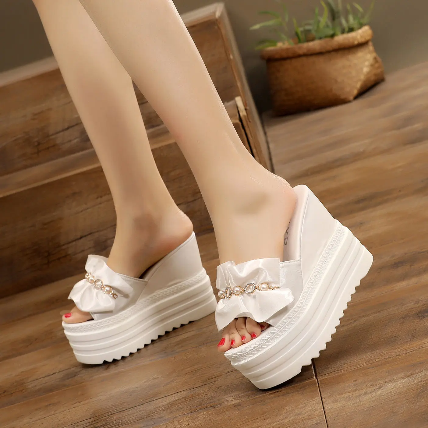 Giày Nữ, Nêm, Gót Siêu Cao, 10cm, Phong Cách Hàn Quốc, Đế Xuồng, Nơ Ngọt Ngào, Dép Hở Mũi Sành Điệu