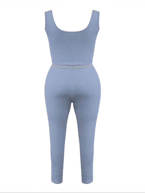 Lovelywholesale 2 Counts Plus Size Solid Scoop Neck Crop Tank Top & High Waist Pants Set, Summer Clothes Women, Sleeveless Top & Skinny Trousers, Two-piece Outfits for Summer 1