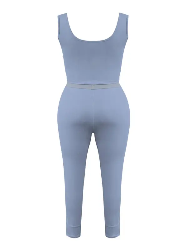 Lovelywholesale 2 Counts Plus Size Solid Scoop Neck Crop Tank Top & High Waist Pants Set, Summer Clothes Women, Sleeveless Top & Skinny Trousers, Two-piece Outfits for Summer 1