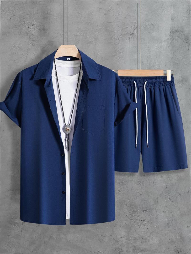 Product Introduction of 2 Counts Men's Plain Co-ord Set, Regular Fit Basic Button Front Shirt & Drawstring Shorts, Summer Outfits for Men 14