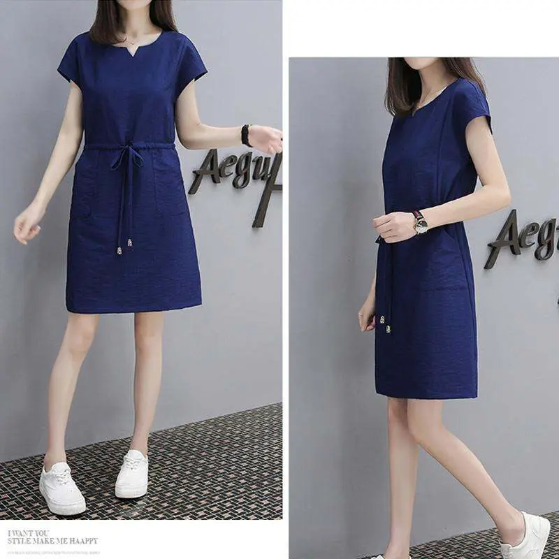 Gaun Mini Wanita Kasual, Saiz Besar, Lengan Pendek, Gaun Musim Panas Wanita, Gaya Korea, Diperbuat daripada Linen Kapas, Jualan Panas Casual Dresses