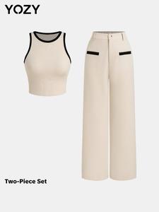 YOZY Women's Ribbed Tank Top & Wide Leg Pocket Pants Two-piece Set, Casual Sleeveless Top & Trousers for Daily Wear, Ladies Two-piece Outfits for All Seasons