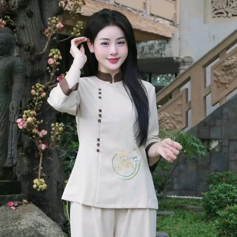 đồ lam đi chùa TÂM AN chất liệu tuyết nhung  cổ tàu nút bọc thêu hoa sen  chữ tâm ở giữa kết hợp quần hai túi trang trọng 0
