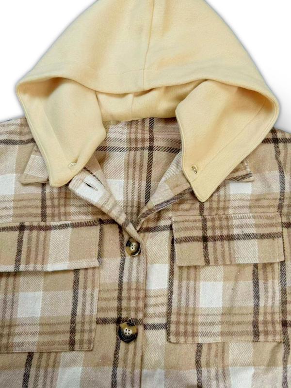 Women's Plaid Print Flap Pockets Button Front Hooded Overcoat, Casual Fitted Drop Shoulder Hooded Coat for Fall & Winter, Women's Clothing, Please Purchase A Size Up 5