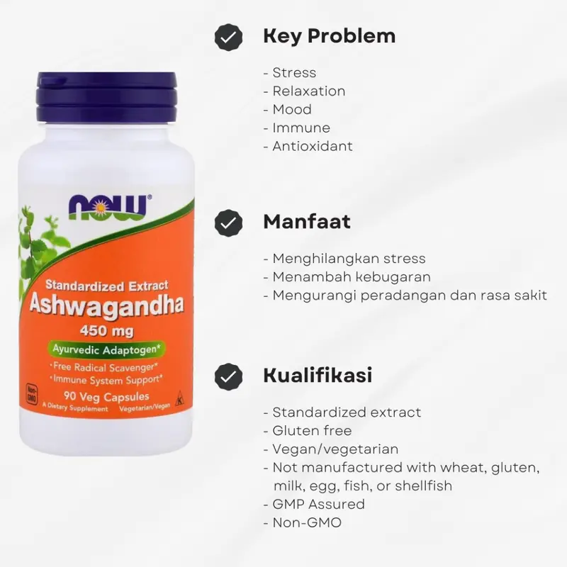 NOW Vitamin Ashwagandha 450mg Isi 90 Veg Capsules - Asli Herbal USA Redakan Stres & Dukung Imunitas 1