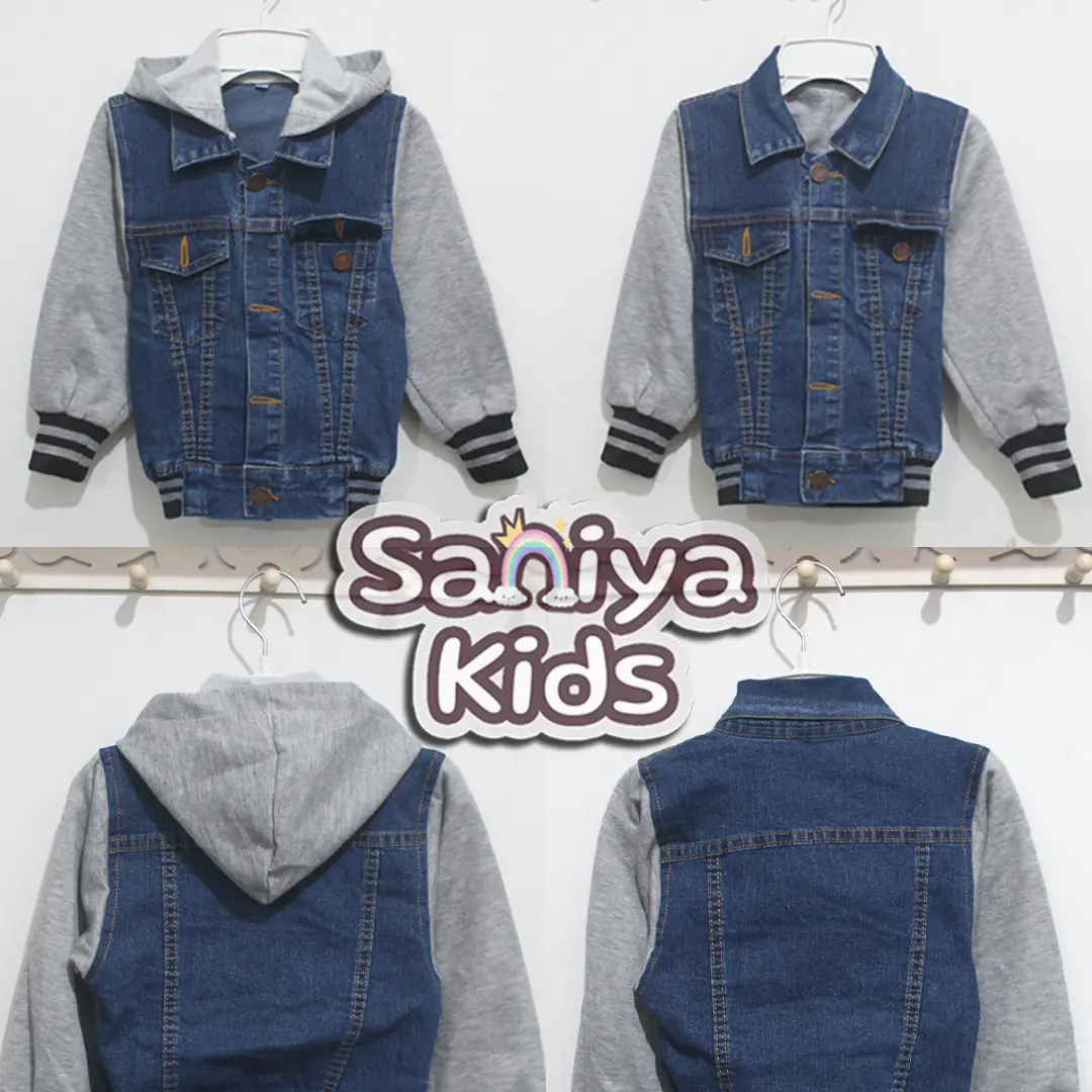 SANIYA - Jaket Jeans Hoodie Anak / Jaket Jeans Anak Kupluk / Jaket Jeans Hoodie Anak (1-9 tahun) Laki Laki dan Perempuan