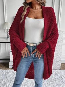 Women's Solid Textured Batwing Sleeve Cardigan, Casual Long Sleeve Open Front Outerwear for Fall & Winter, Ladies Clothes for Daily Wear