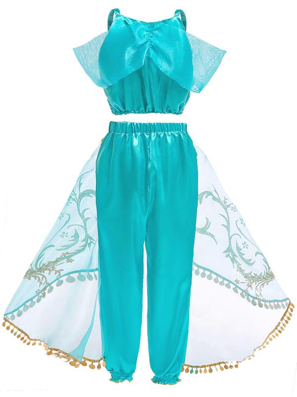 Girl's Artificial Gemstone Decor Cami Top & Contrast Sequin Mesh Pants Set with 3pcs Accessories, Princess Cosplay Performance Costume, Kids Summer Party Wear 1