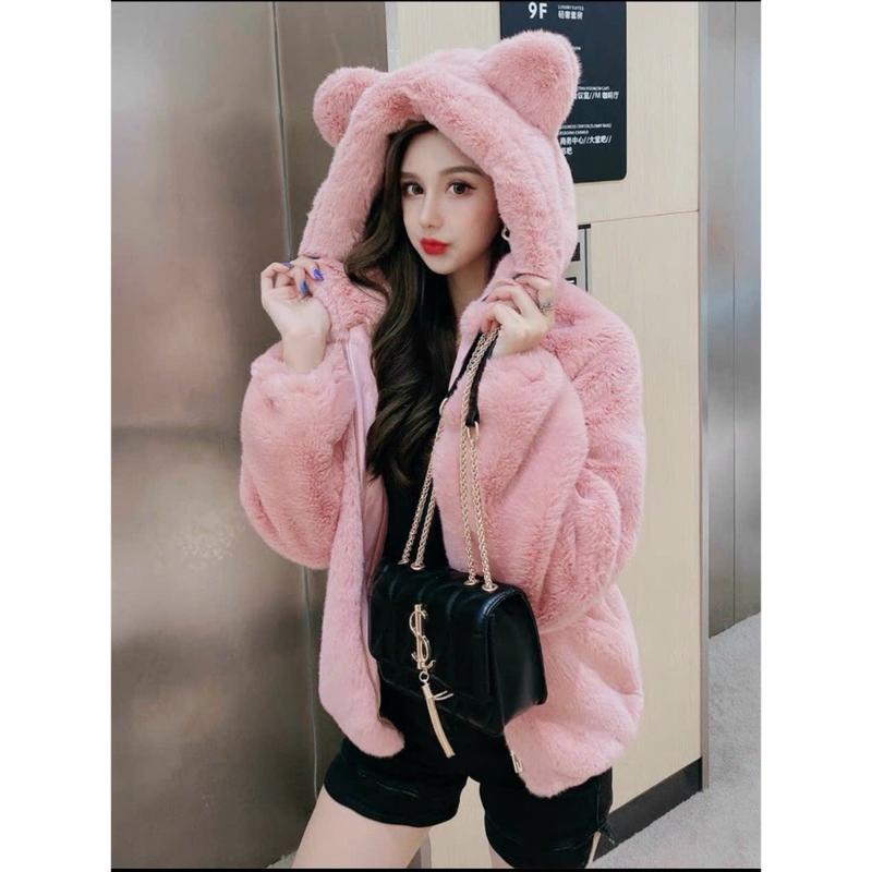 Áo lông hoodie khoá quả bông mũ siêu to tai thỏ lông 2 mặt dày dặn siêu ấm cho mùa đông không lạnh