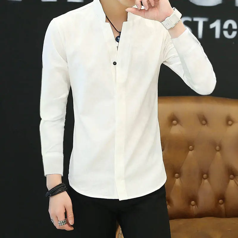 Men's Long Sleeve Shirt Spring Autumn Slim Fit Casual Middle-aged Solid Color Shirt Chinese Style New Men's Clothing Footwear
