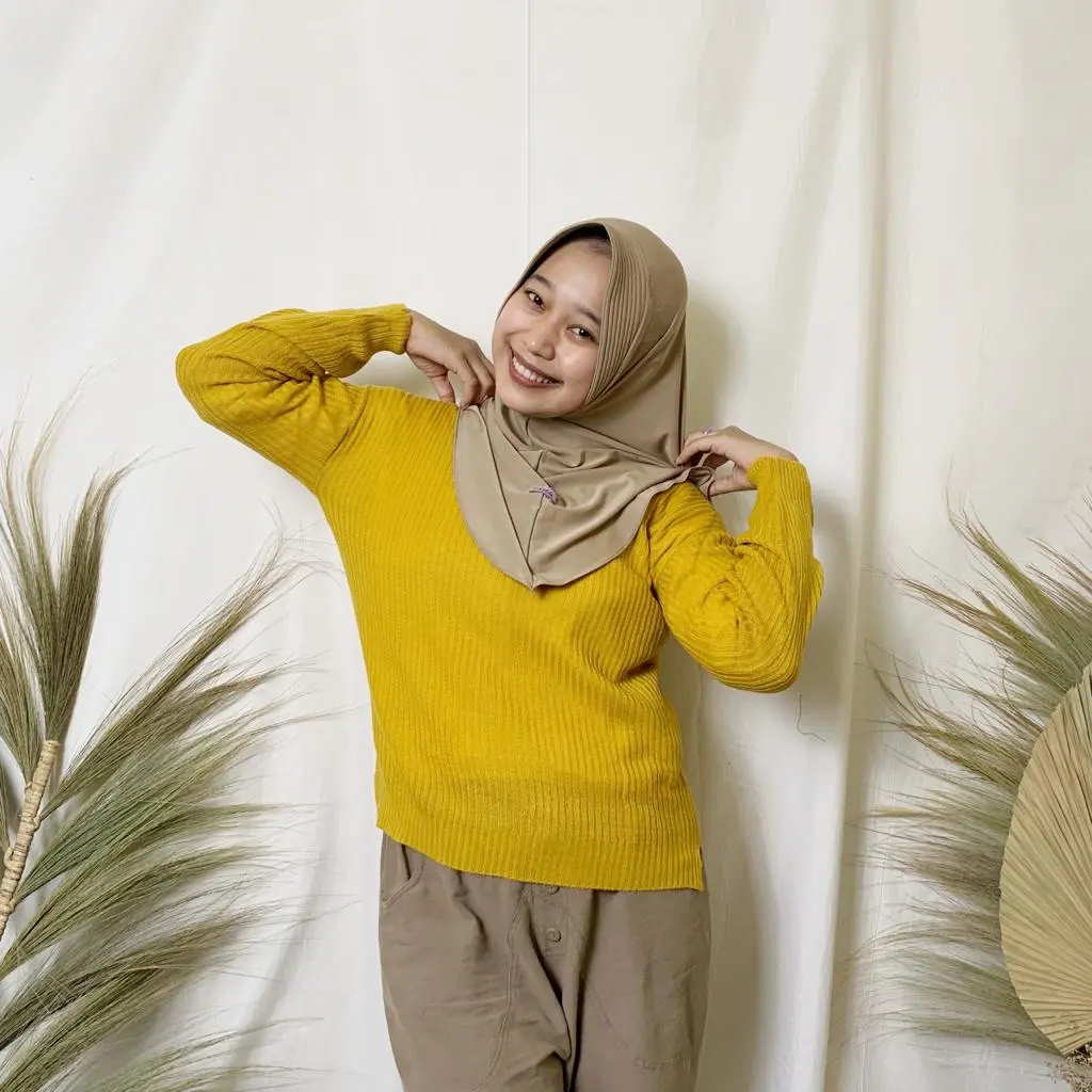Blouse rajut premium lengan panjang warna kuning mustrad
