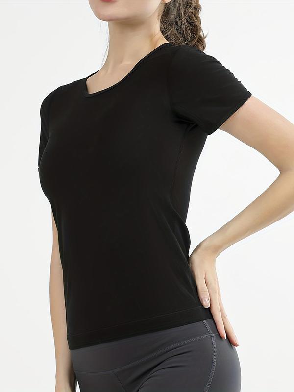 Women's Solid Round Neck Short Sleeve Sports Tee, Casual Style Crew Neck Sauna Top for Workout Gym Running Wear, Women Sport & Outdoor Clothing for Summer 6