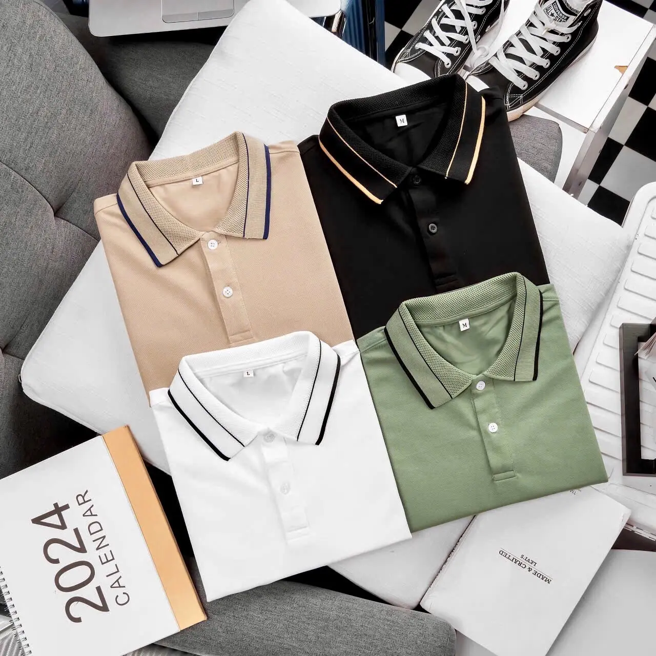 Áo thun Polo trơn phối viền cổ và tay chất vải Cotton thoáng mát thấm hút mồ hôi tốt Menswear Nam Có Cổ Ngắn Tay Shirt