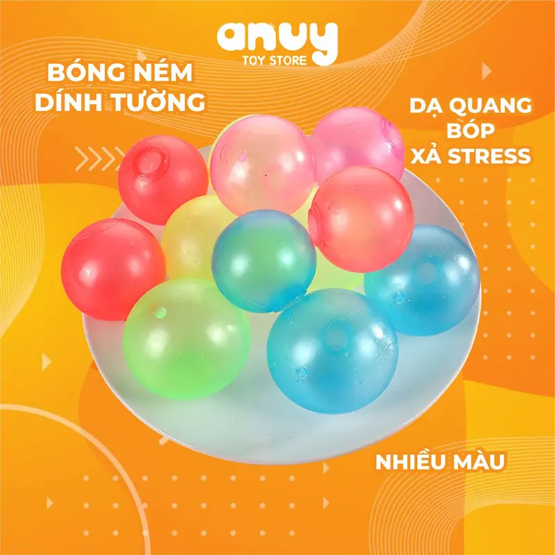 Bóng ném dính tường dạ quang phát sáng 6cm chơi vui xả stress 0