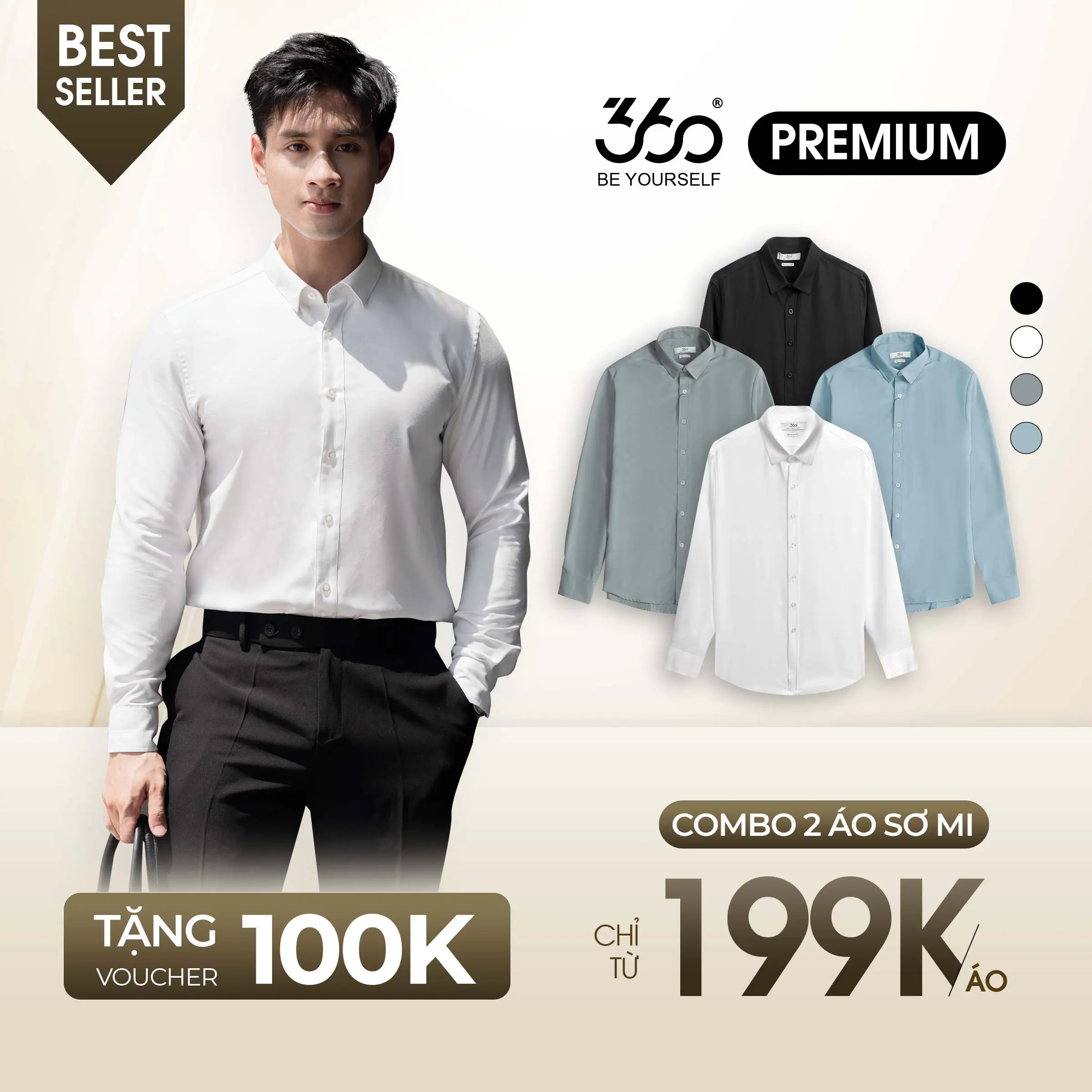 Áo sơ mi nam dài tay 360Boutique màu trắng đen trơn basic form regular fit vải Kate mềm mịn và thoáng mát STDOL517 Menswear Shirt sơ mi hàn quốc