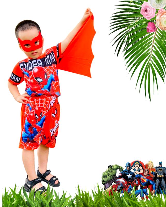 (B1)quần áo siêu nhân cho bé trai, vải thun lạnh, cộc tay quần đùi may sẵn tà bay và mặt nạ
