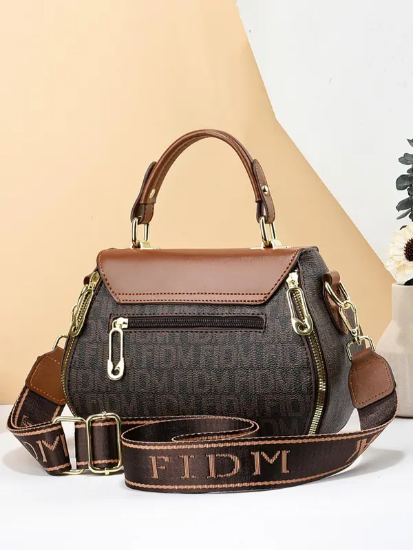 Women's Fashionable Letter Pattern Pu Leather Handbag, Zipper Crossbody Bag, Casual Trendy Versatile Daily Commuting Bag for Women 3