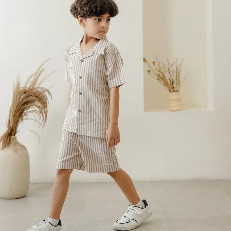 PEEWEE Kemeja lengan pendek anak laki-laki salur stripe striped open collar kerah terbuka anak Fashion 1-10 Tahun casual Multicoloured kaosanak polos 5