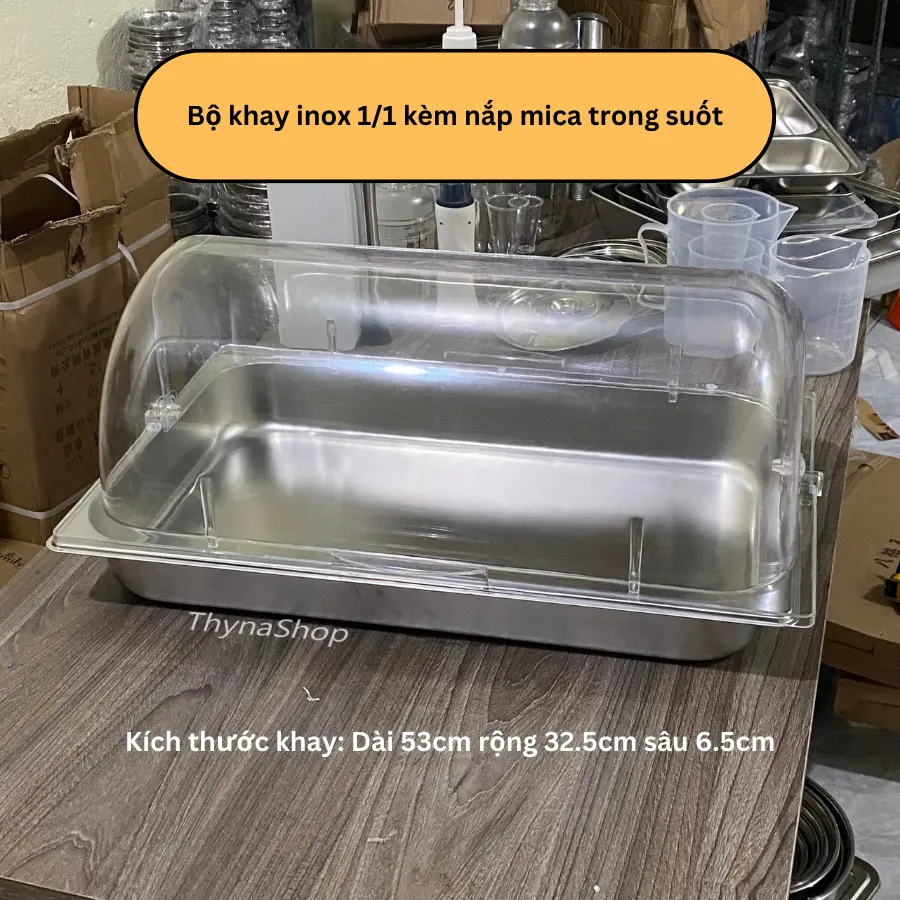 Bộ khay inox 1/1 đựng thực phẩm kèm nắp mica dạng lật trong suốt