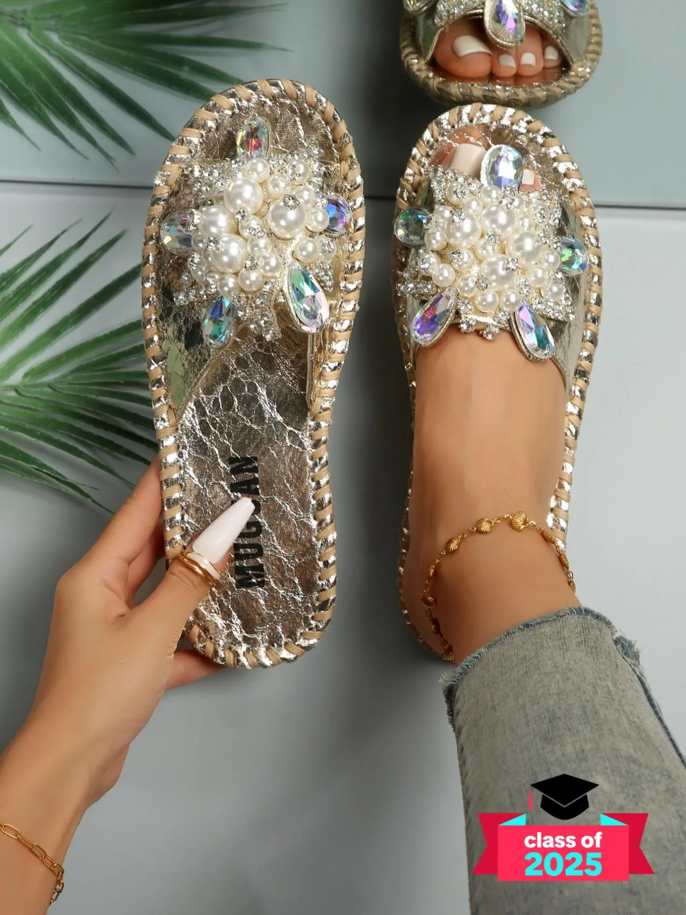 Women's Faux Pearl & Rhinestone Decorated Slide Sandals, Casual Open Toe Summer Shoes, Lightweight Slide Sandals, Cute Fashionable Slippers for Daily Wear