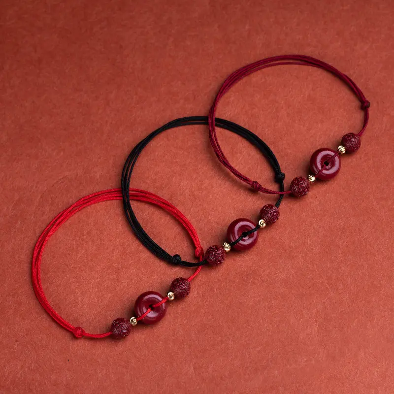 Cinnabar Peace Buckle Bracelet for Women, Hand-woven Red String Black String Adjustable Zodiac Ancient Style Bracelet, Niche Couple Jewelry