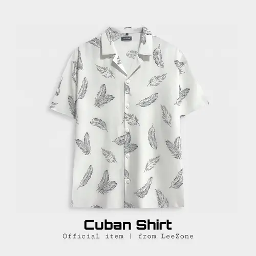 Sơ mi Trắng Lông Vũ | Áo sơ mi Cuban LeeZone form rộng mặc hằng ngày Fullbox, chất vải lụa thoáng mát không nhăn Cổ chữ V