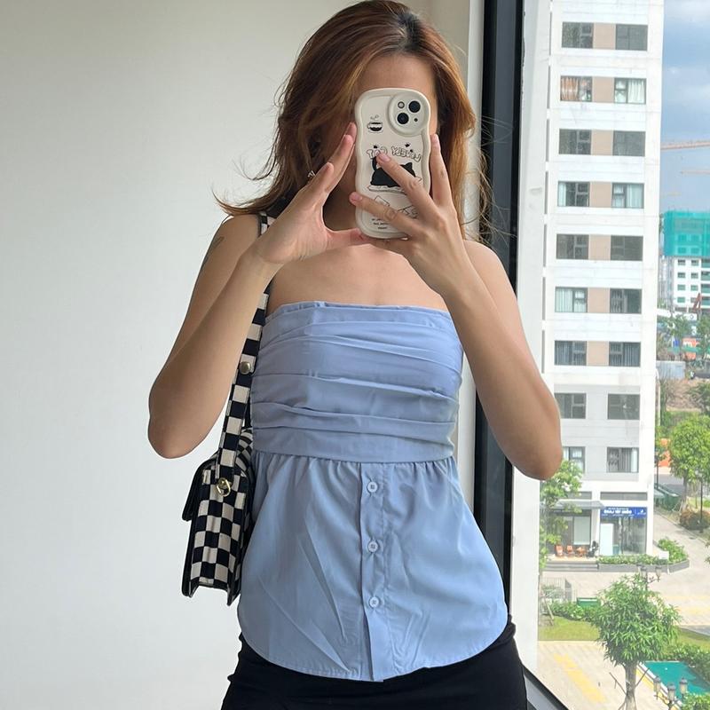 Áo ống cúp nguc dáng xoè RENSI quây chun xếp ly cài nút sơ mi ôm gọn A01 Nữ Top Trắng 8