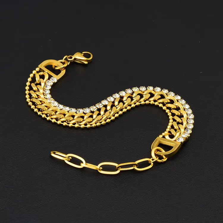 D-Letter Triple-Layer Bracelet – Full Diamond Zirconia & Titanium Steel, Unisex Streetwear Essential