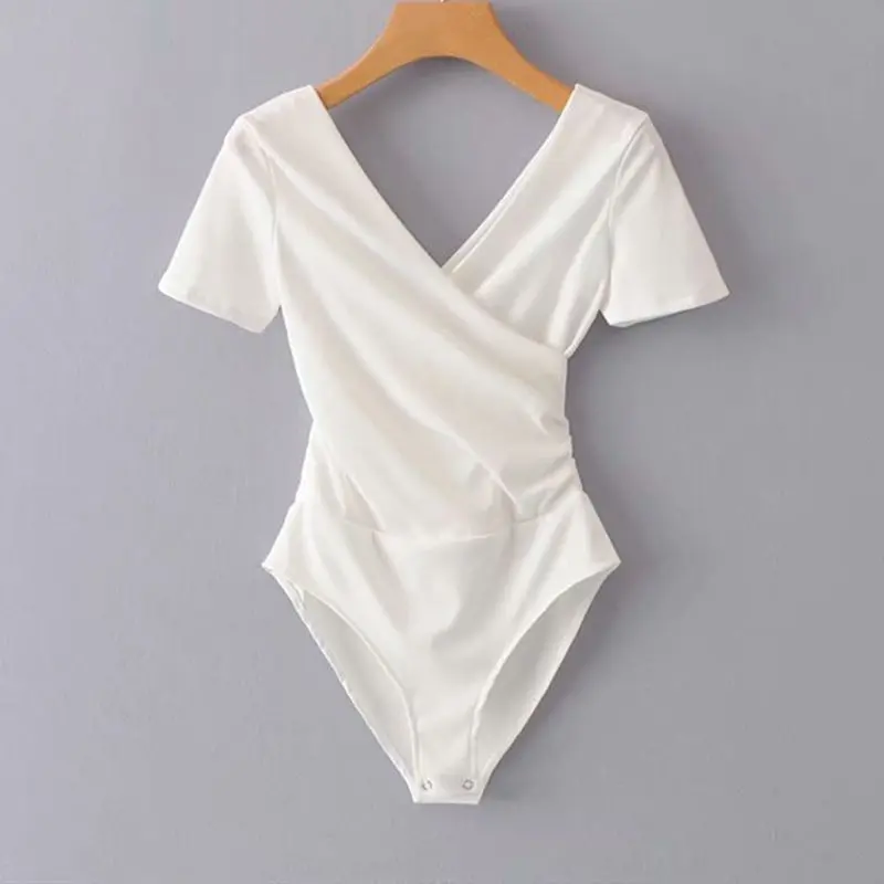 European and American style cross necked jumpsuit for women's top with a base, summer slim fit double V-neck, careful machine backless short sleeved T-shirt