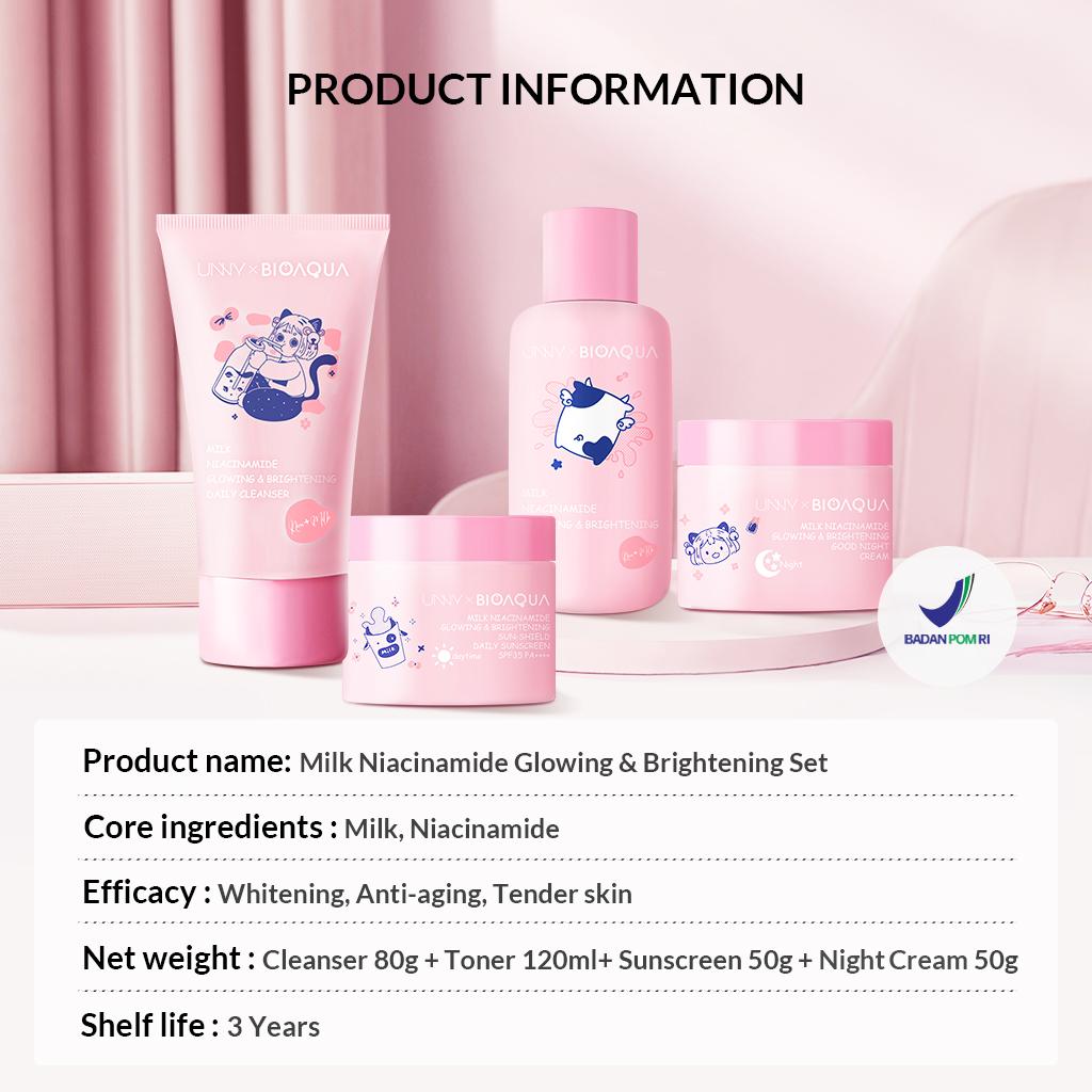 【Milk Brightening Set】BIOAQUA Milk Glowing  Facial   Skinacre Paket / Tea Tree Oligopeptide Acne Barrier Skincare kit Soothing Hydrating Face Wash  Cleanser +Toner +Sunscreen + Night Cream 【BPOM】