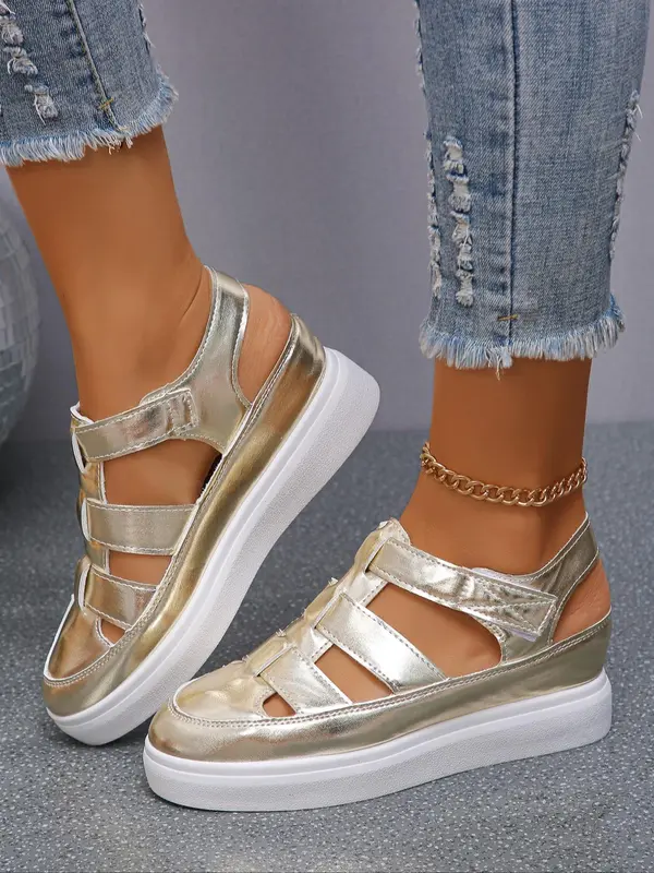 Women's Fashionable Hollow Out Design Velcro Wedges Sandals, Solid Color Platform Sandals, Casual Vacation Beach Sandals, Fashion All-match Summer Sandals for Daily Wear 0