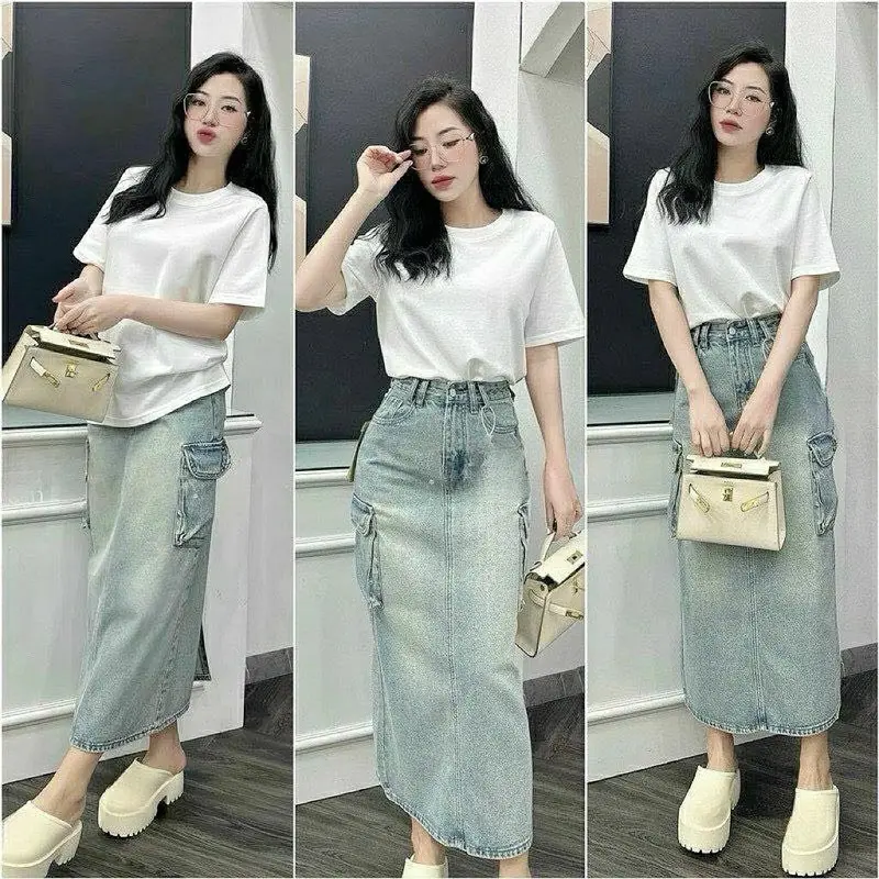 (Ms858) Váy Jean Dài 2 Túi Hộp Xẻ Tà Lai Cuốn - Dài 91 cm ( S-L ) 4