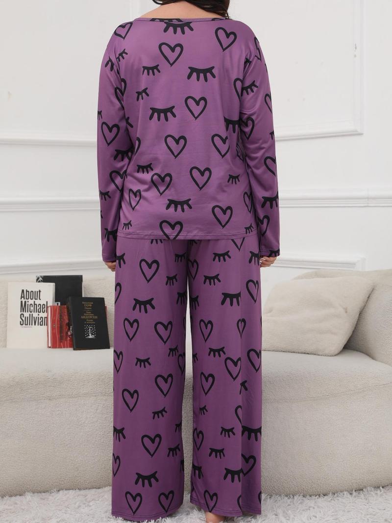 Product Introduction of 【Plus Size】Women's Heart Print Pyjama Set, Casual Comfort Round Neck Long Sleeve Tee & Elastic Waist Pants Set, Women's Sleepwear for Spring & Fall, Pajamas 17