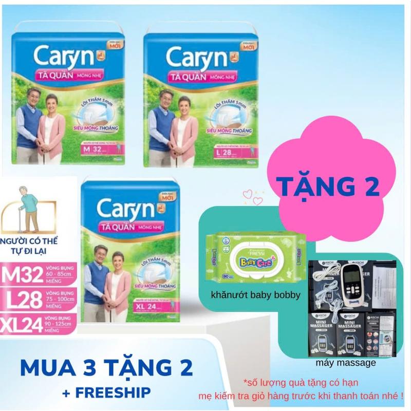 THÙNG 3 gói Tã quần Caryn chính hãng M32 L28, XL24 miếng tặng kèm khăn ướt + máy Massage Xung điện KACHI