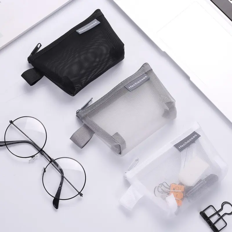Tas pouch mini jaring Pouch transparant alat tulis Dompet kosmetik makeup simple lucu aesthetic Paket penyimpanan saku portabel Lompatan kunci Tas kartu earphone USB lipstik Pouch organizer travel skincare Kantong aksesoris untuk pelajar sekolah kantor 0