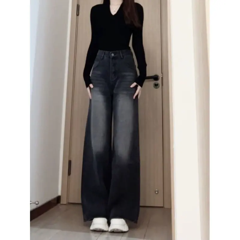 Washed Black Gray Wide Leg Jeans for Women Spring Summer High Waist Loose Slimming Floor-Length Straight Pants American Retro Style