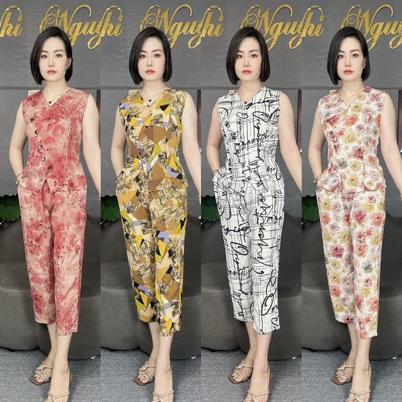 Sale Đồ Bộ mặc nhà cho nữ kết nút gỗ xéo lượng sóng quần 9 tấc chất lụa mango loại 1 Top