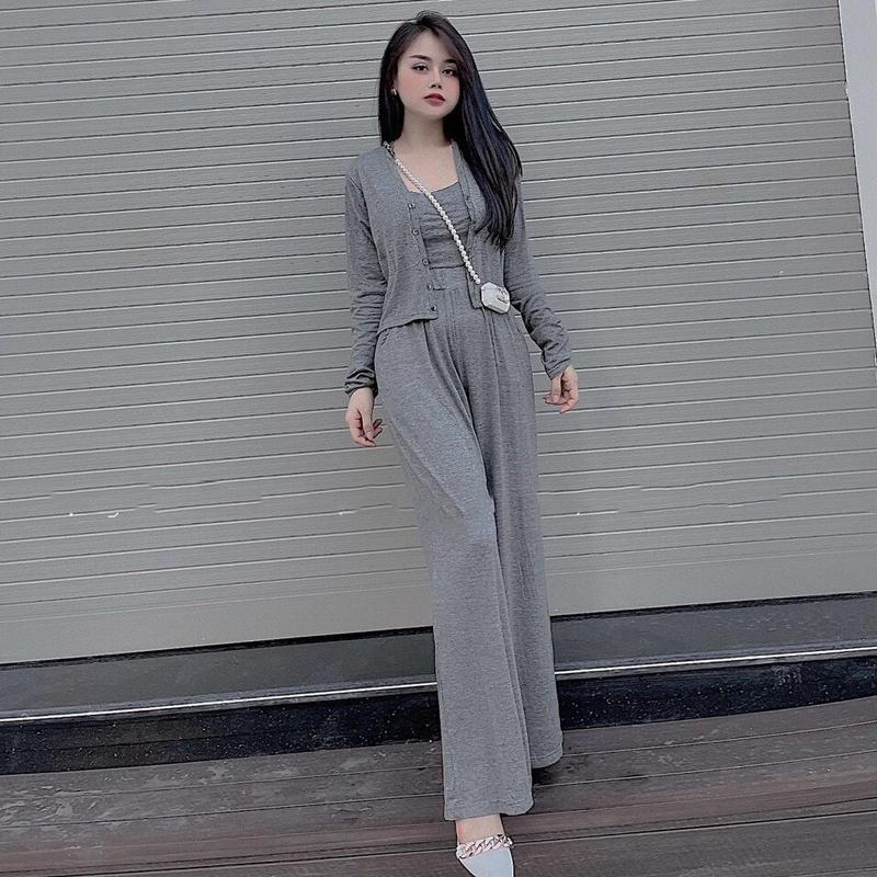  Set 3 món len tăm cúc bọc áo quây 2 dây quần ống suông kết hợp áo khoác ngoài sang trọng set bộ nữ thu đông Kem Jacket Đen 