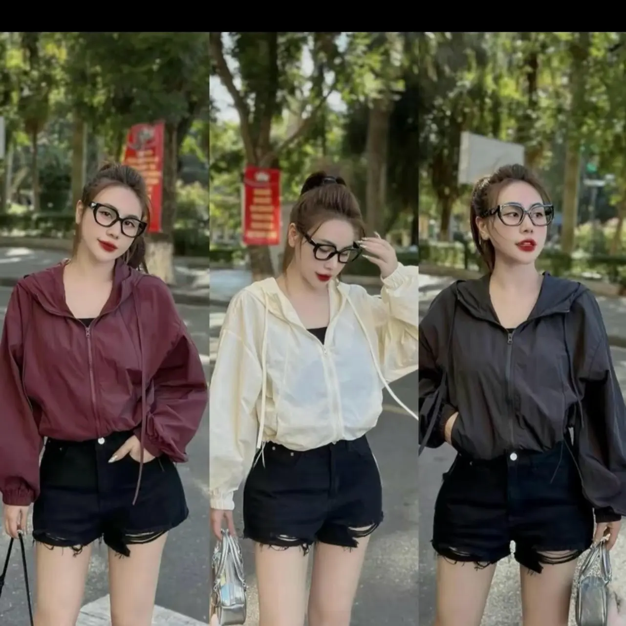 Áo khoác gió Nữ 2 lớp croptop vải nhăn có mũ, năng đông, trẻ trung, cản gió cản nắng chống tia UV Women Jacket