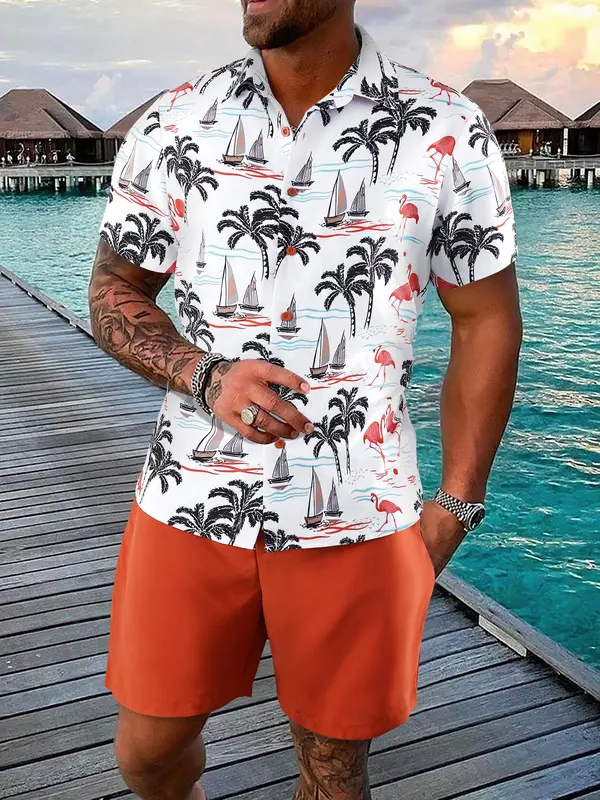 Men's Tropical Print Button Front Two-piece Set, Regular Fit Short Sleeve Shirt & Drawstring Pocket Shorts, Men's Outfits for Summer Beach Vacation 0