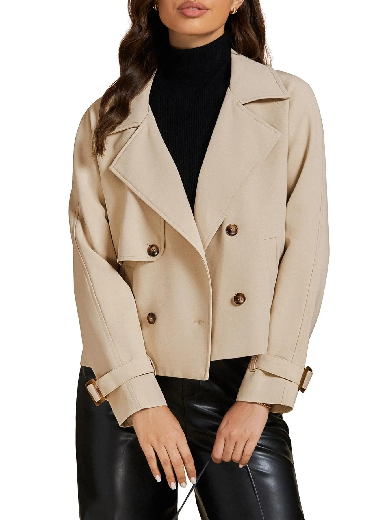 Women's Solid Double Button Raglan Sleeve Trench Coat, Casual Lapel Collar Long Sleeve Coat for Fall & Winter, Women's Clothing for Daily Wear, Longsleeves Womenswear