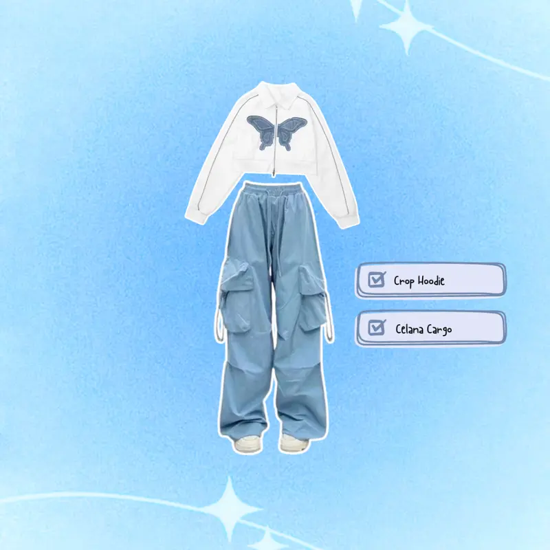 ((COD)) 2 In 1 One Set Setelan Korean Style Remaja Aestatic OOTD Hangout Kece With Butterfly Jacket Crop - Set T16 1